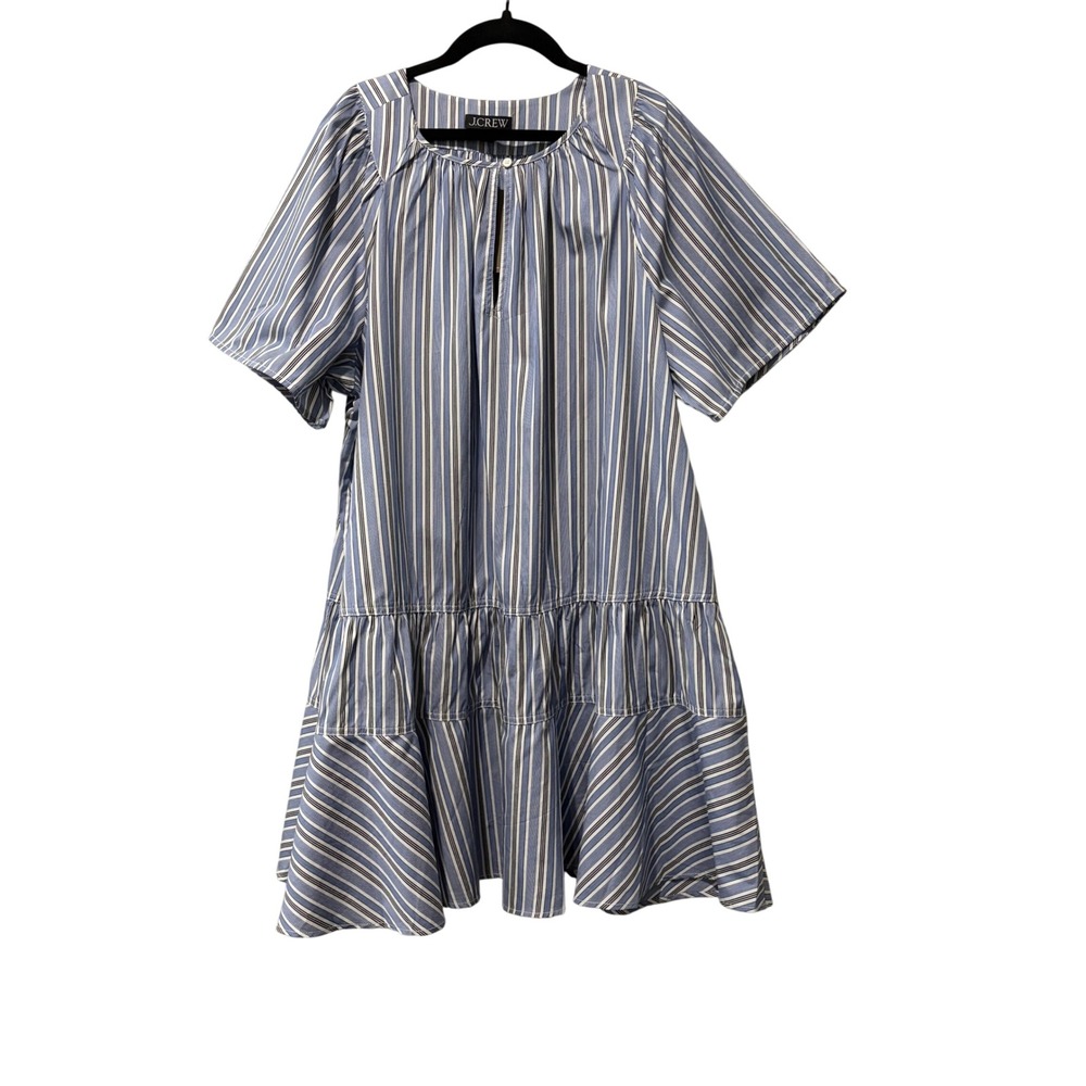 J.Crew Tiered Popover Mini Dress Women XL Blue Striped Cotton Poplin Preppy